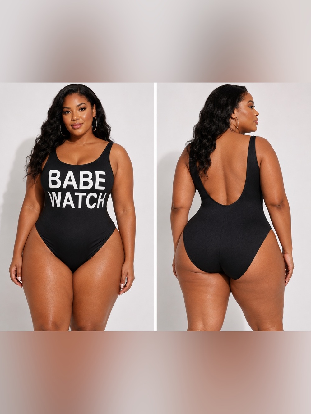 Plus size Black Scoop-Back One-Piece Swimsuit with Babe Watch Text